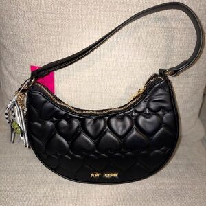 Betsey Johnson Black Heart Quilted Martini Charm Shoulder Bag NWT
